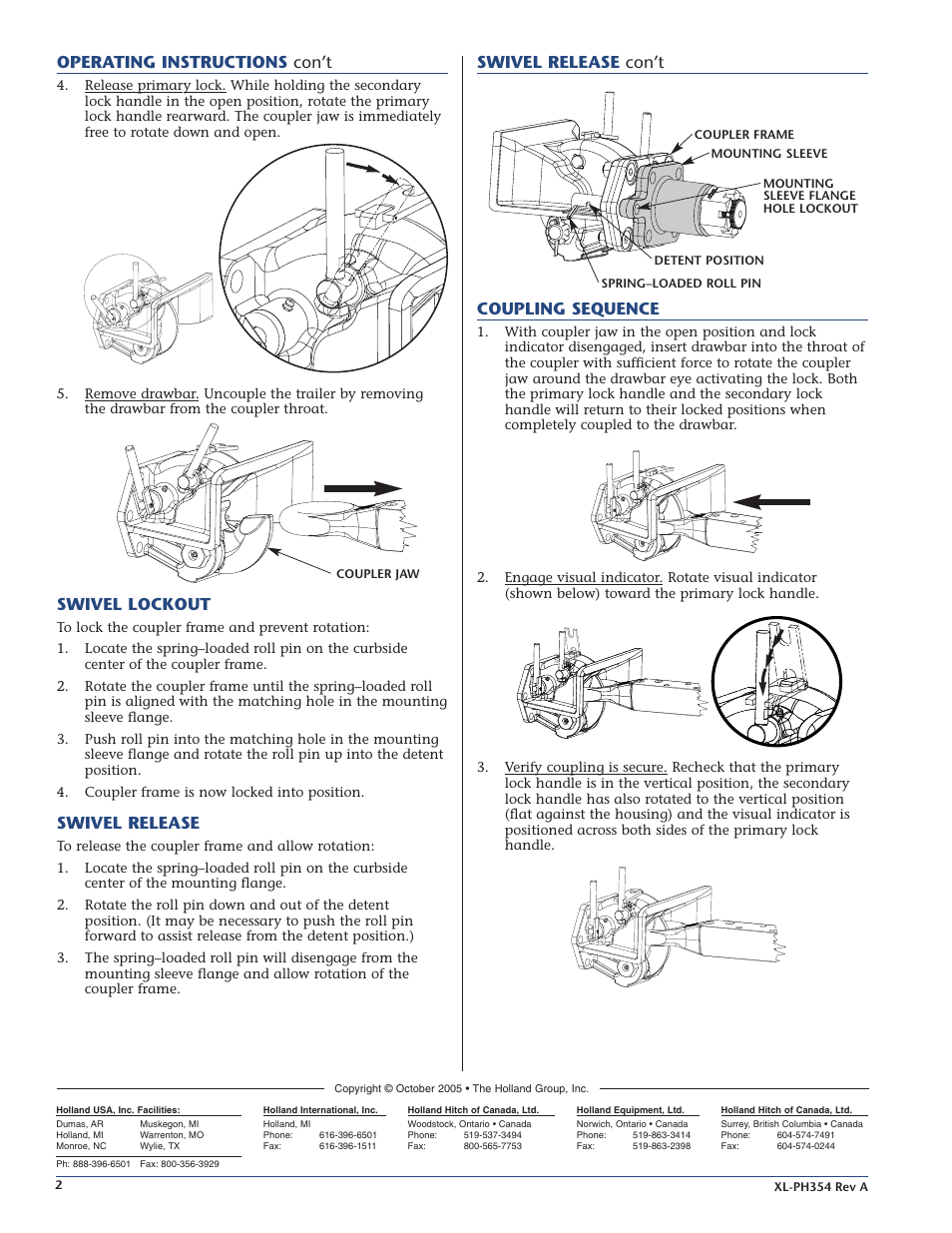 Operating instructions con’t, Swivel lockout, Swivel release | Swivel release con’t coupling sequence | SAF-HOLLAND XL-PH354 Swivel Type Automatic Coupler User Manual | Page 2 / 2