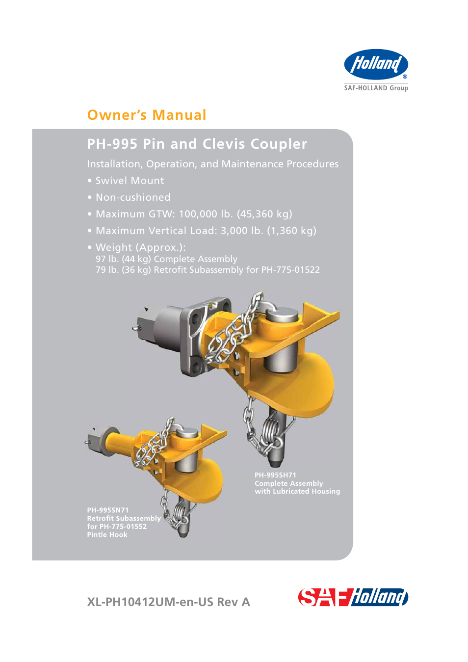 SAF-HOLLAND XL-PH10412UM PH-995 Pin and Clevis Coupler User Manual | 20 pages