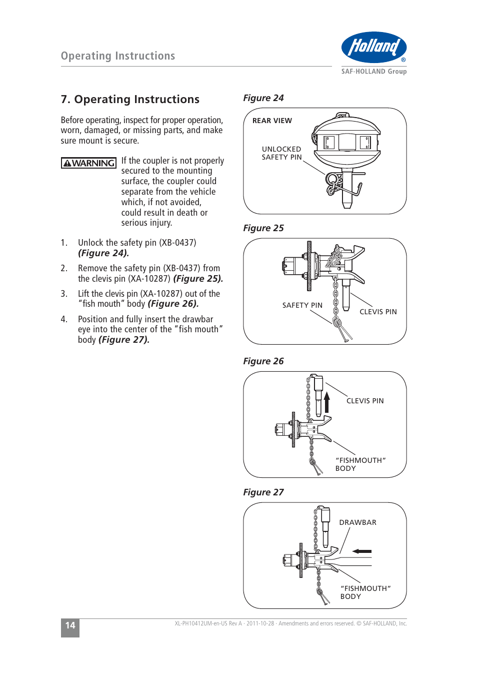 Operating instructions | SAF-HOLLAND XL-PH10412UM PH-995 Pin and Clevis Coupler User Manual | Page 14 / 20