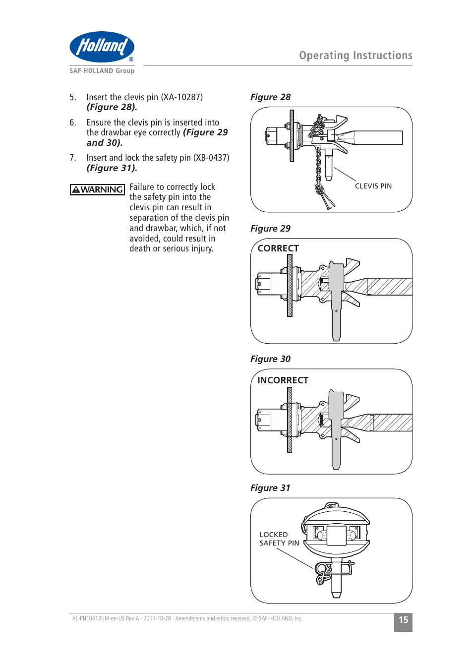 Operating instructions | SAF-HOLLAND XL-PH10412UM PH-995 Pin and Clevis Coupler User Manual | Page 15 / 20