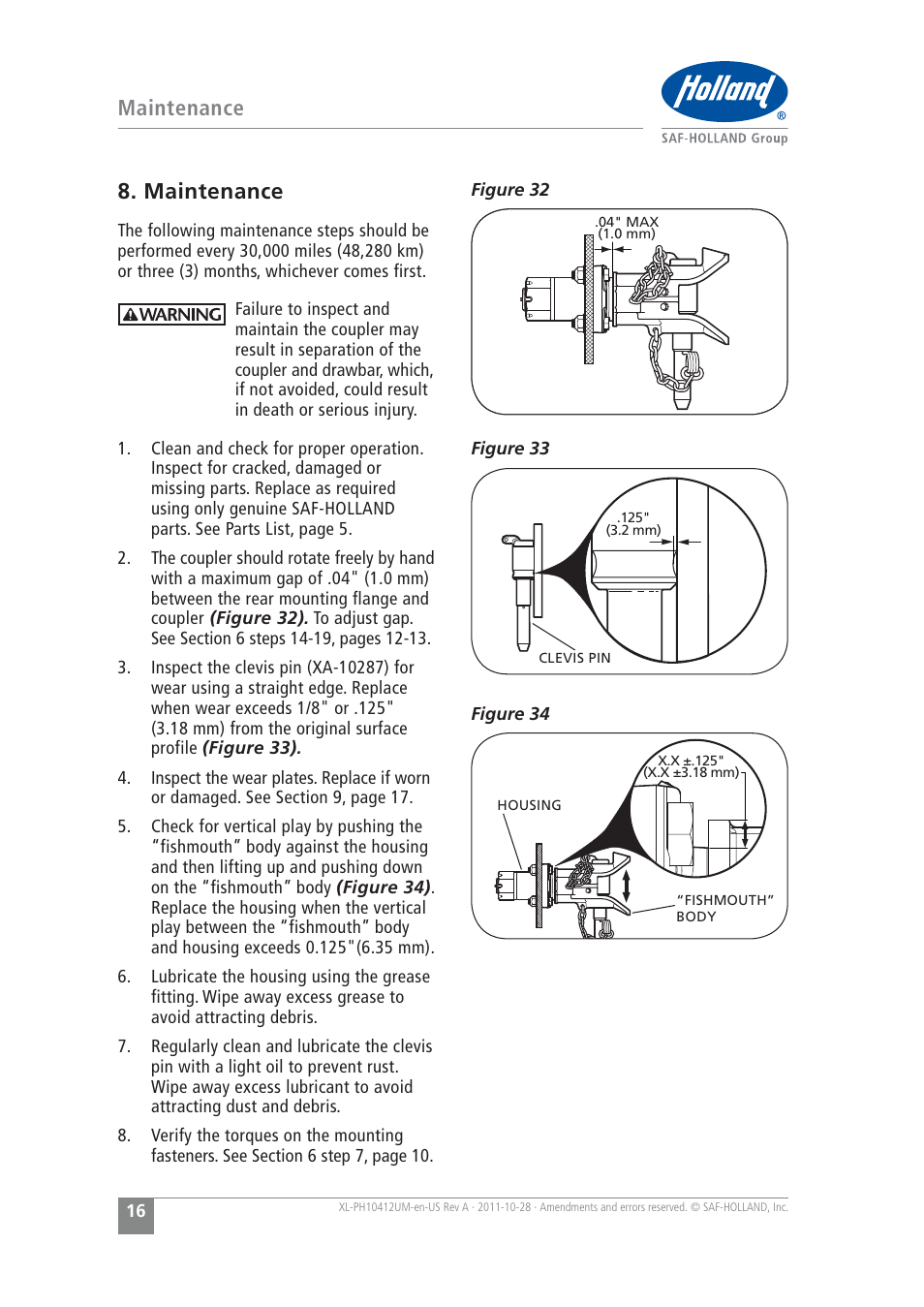 Maintenance | SAF-HOLLAND XL-PH10412UM PH-995 Pin and Clevis Coupler User Manual | Page 16 / 20