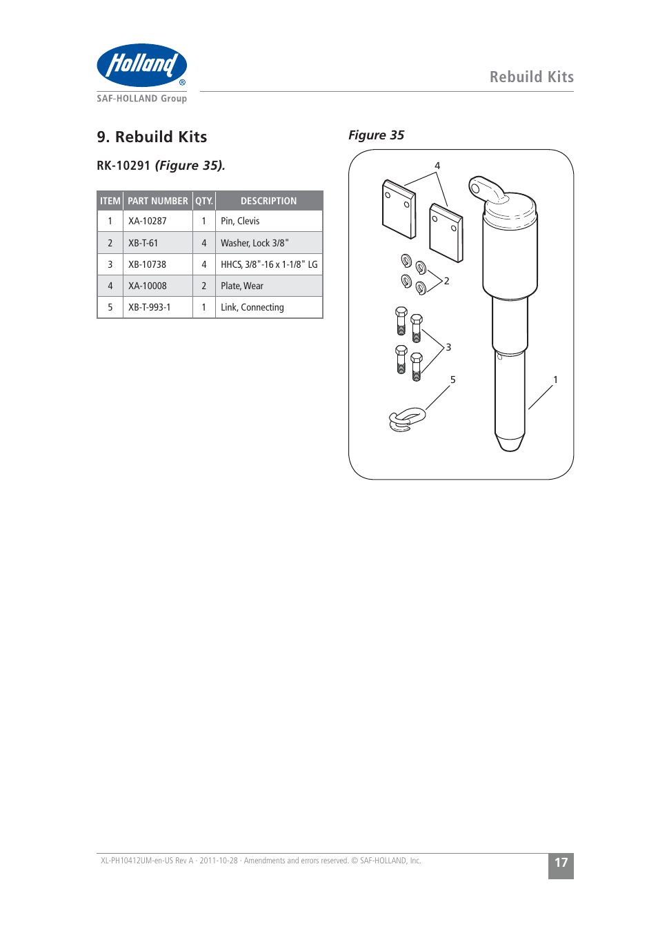 Rebuild kits | SAF-HOLLAND XL-PH10412UM PH-995 Pin and Clevis Coupler User Manual | Page 17 / 20