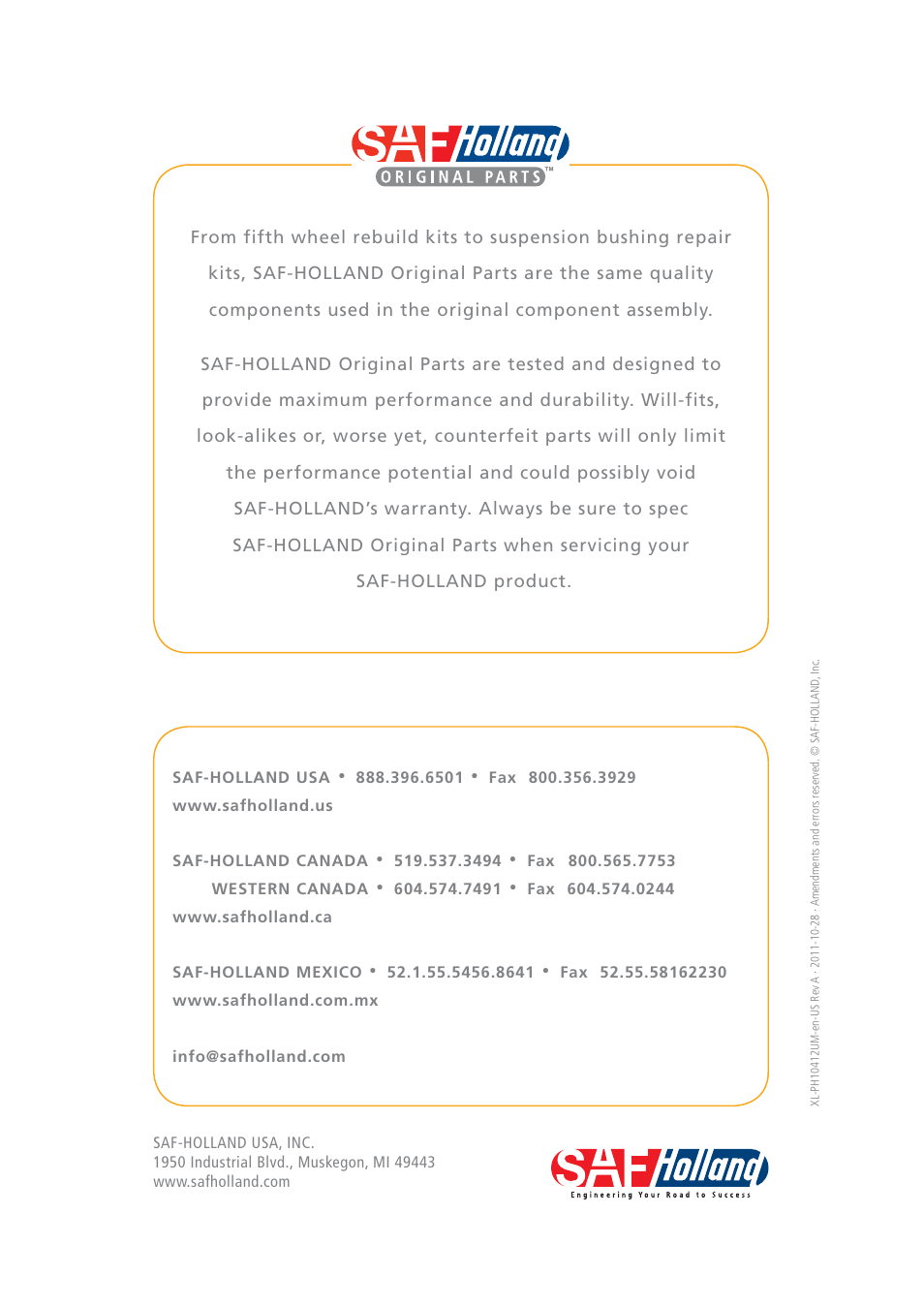 SAF-HOLLAND XL-PH10412UM PH-995 Pin and Clevis Coupler User Manual | Page 20 / 20