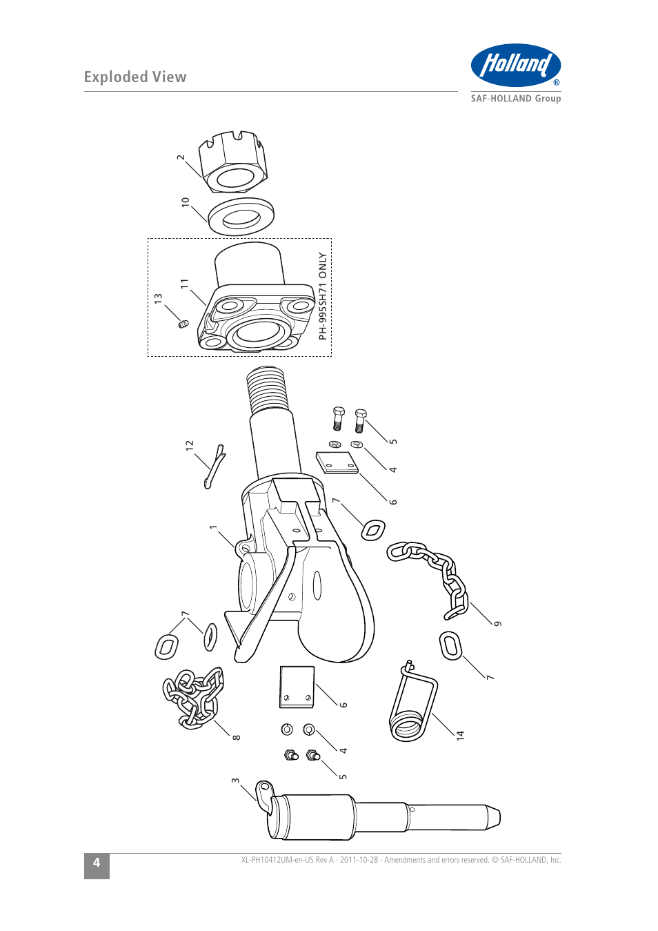 Exploded view | SAF-HOLLAND XL-PH10412UM PH-995 Pin and Clevis Coupler User Manual | Page 4 / 20