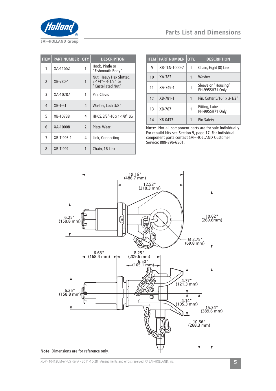 Parts list and dimensions | SAF-HOLLAND XL-PH10412UM PH-995 Pin and Clevis Coupler User Manual | Page 5 / 20