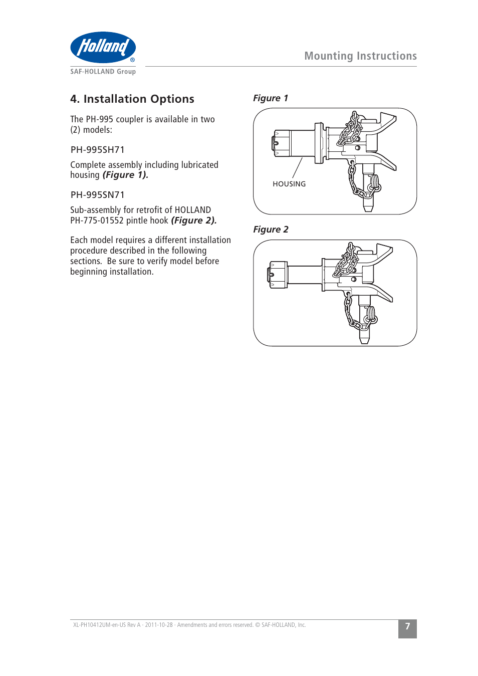 Mounting instructions, Installation options | SAF-HOLLAND XL-PH10412UM PH-995 Pin and Clevis Coupler User Manual | Page 7 / 20