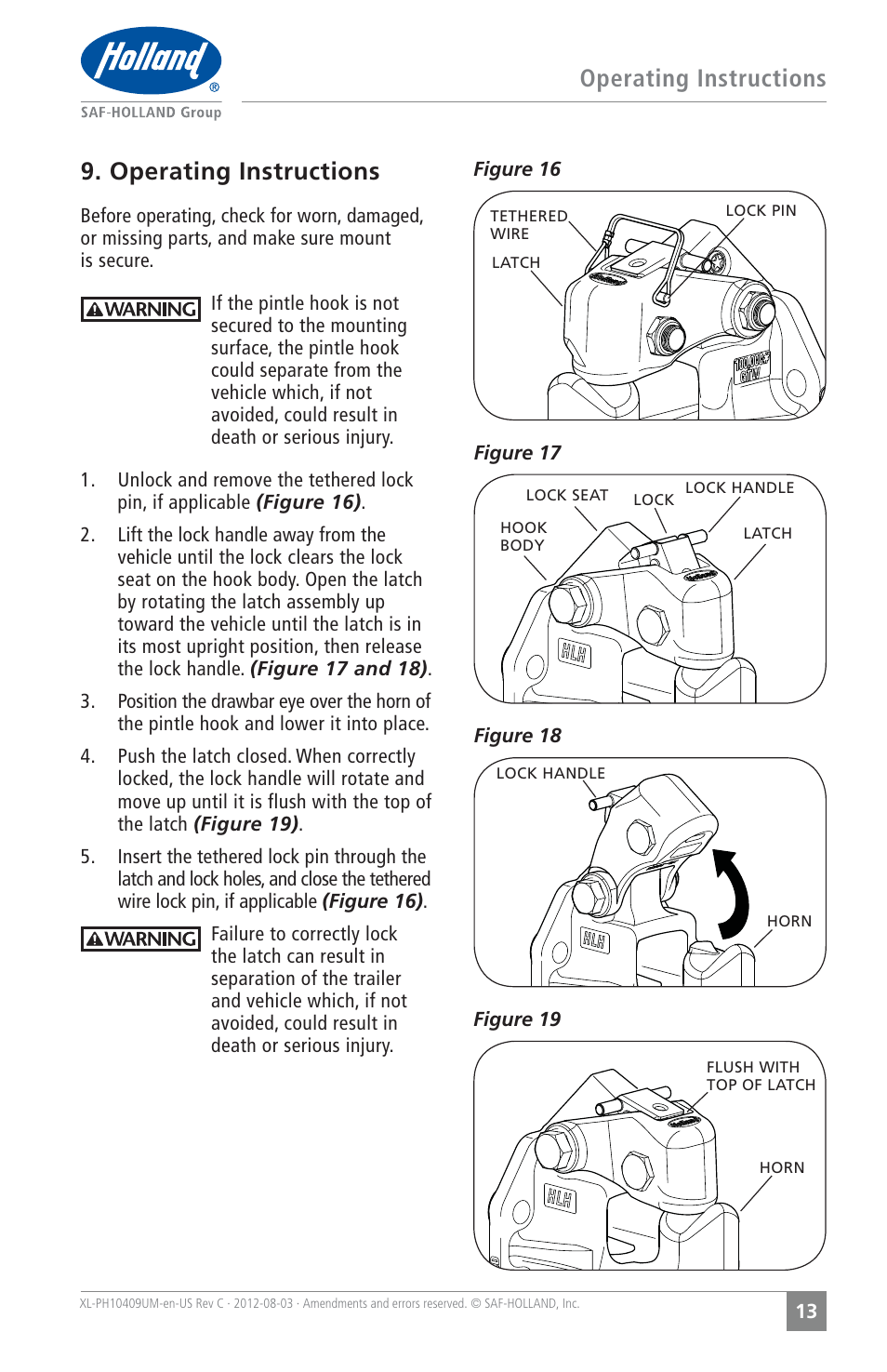 Operating instructions 9. operating instructions | SAF-HOLLAND XL-PH10409UM PH-419 Series Rigid Type Pintle Hook User Manual | Page 13 / 16