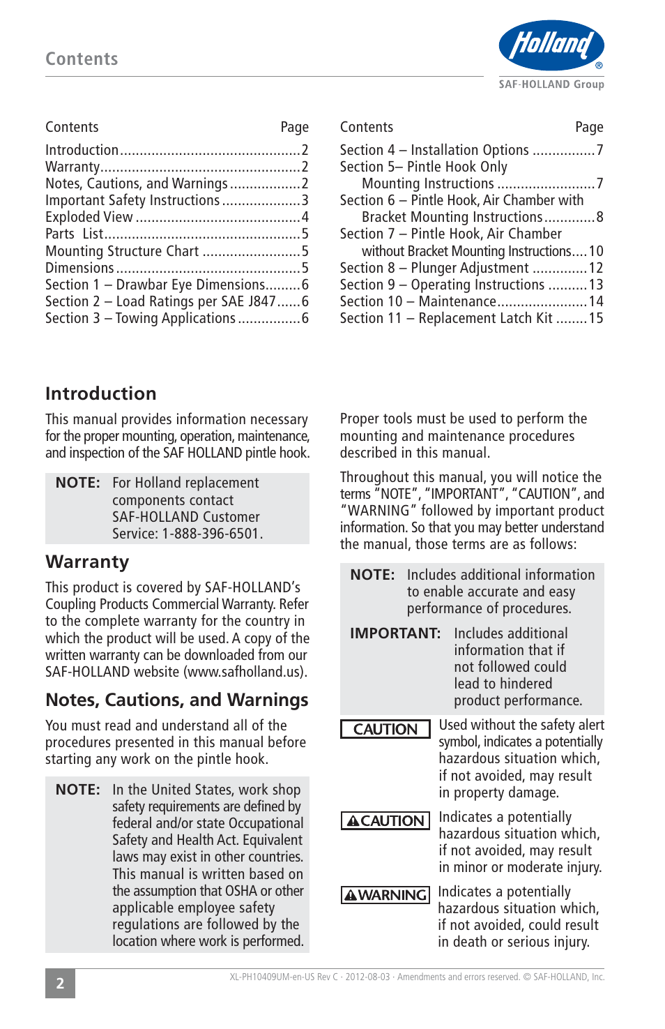 SAF-HOLLAND XL-PH10409UM PH-419 Series Rigid Type Pintle Hook User Manual | Page 2 / 16