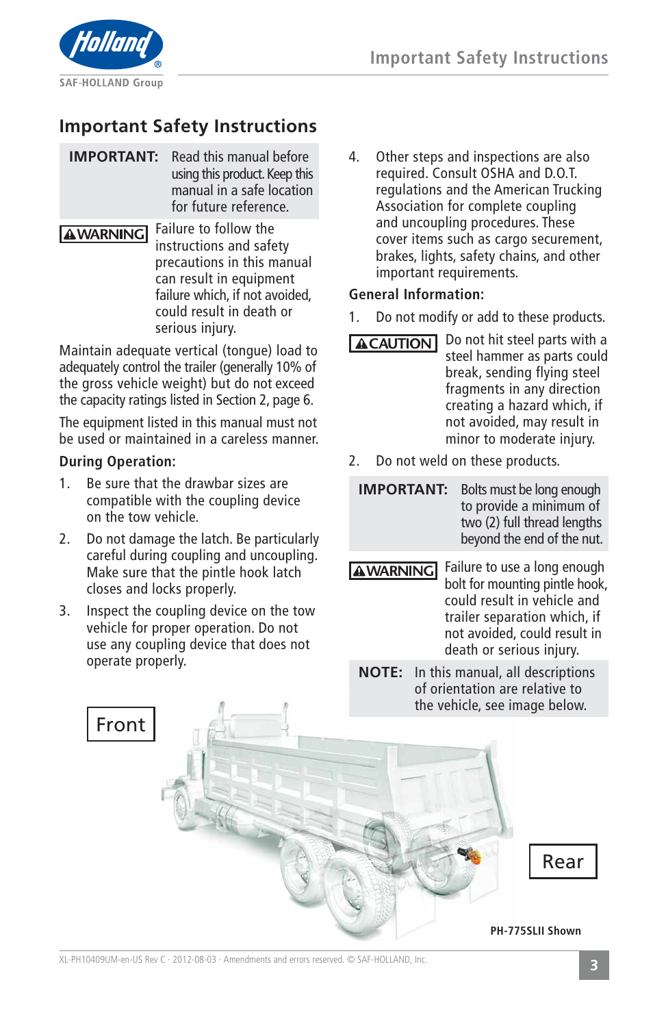 Front rear, Important safety instructions | SAF-HOLLAND XL-PH10409UM PH-419 Series Rigid Type Pintle Hook User Manual | Page 3 / 16