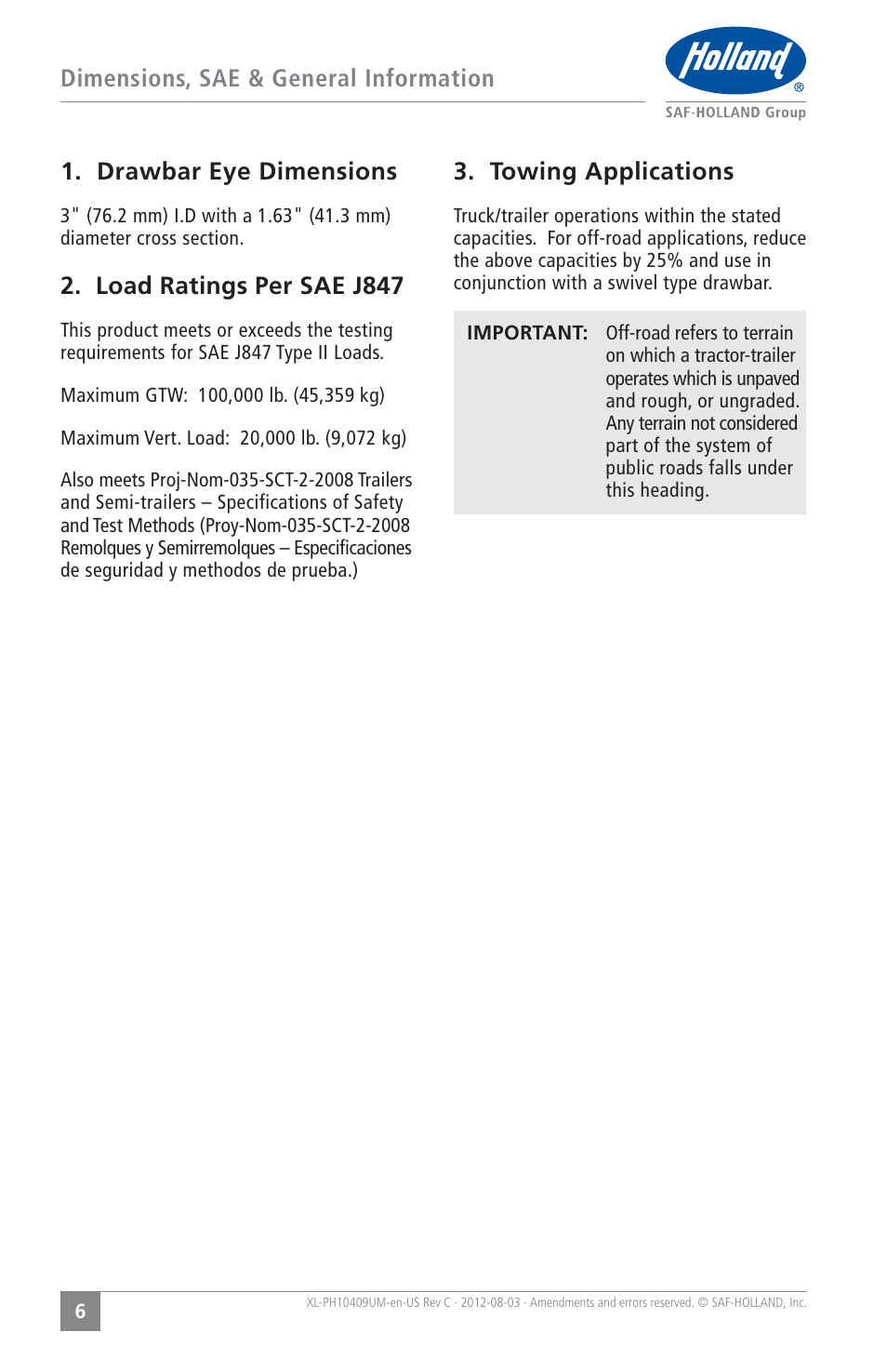 Load ratings per sae j847, Towing applications | SAF-HOLLAND XL-PH10409UM PH-419 Series Rigid Type Pintle Hook User Manual | Page 6 / 16