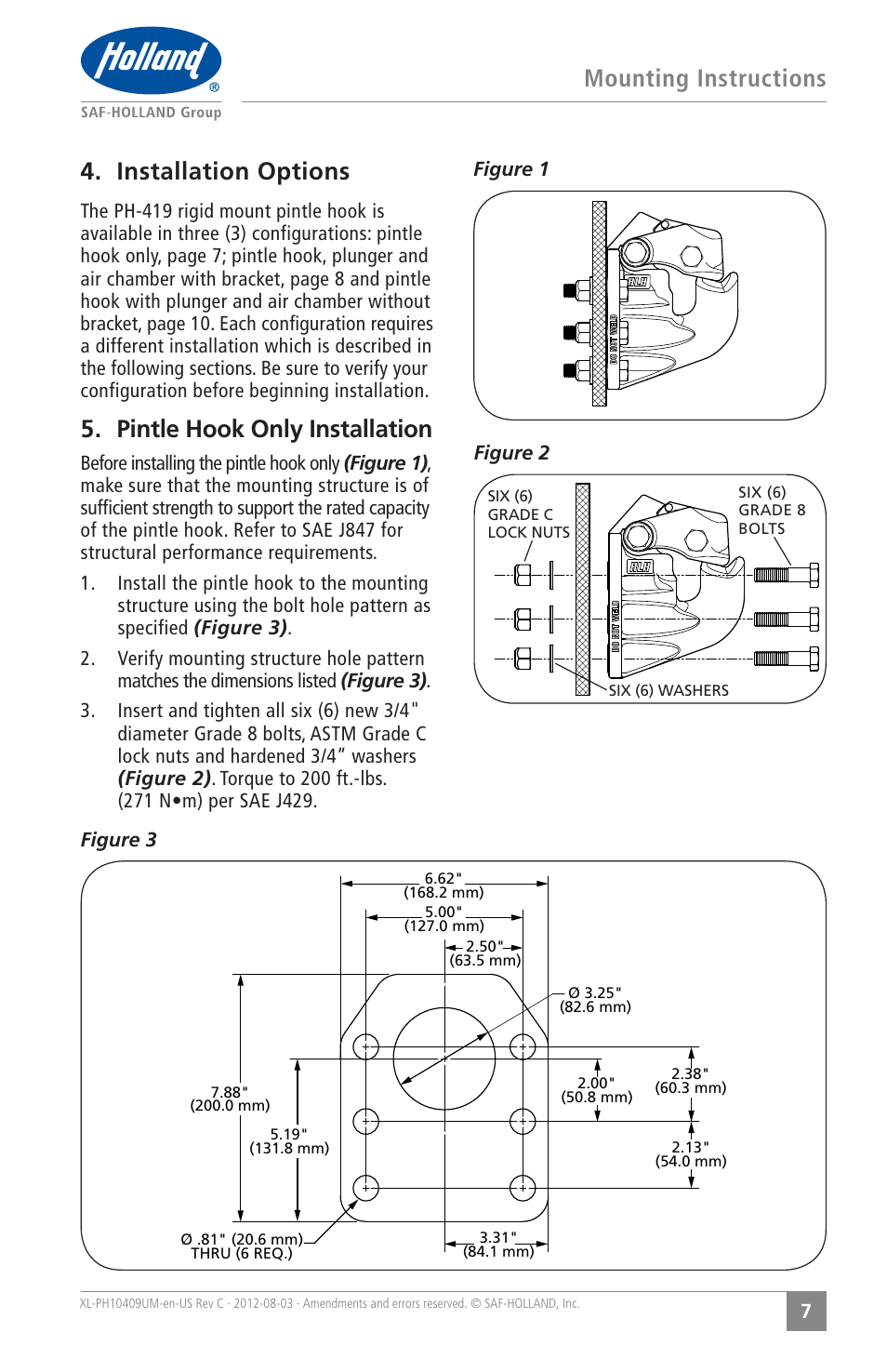 Mounting instructions, Installation options, Pintle hook only installation | SAF-HOLLAND XL-PH10409UM PH-419 Series Rigid Type Pintle Hook User Manual | Page 7 / 16