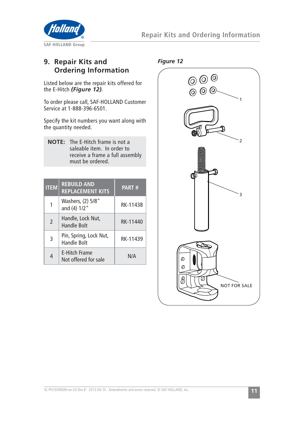Repair kits and ordering information | SAF-HOLLAND XL-PH10399OM EH-3050 Series E-Hitch User Manual | Page 11 / 12