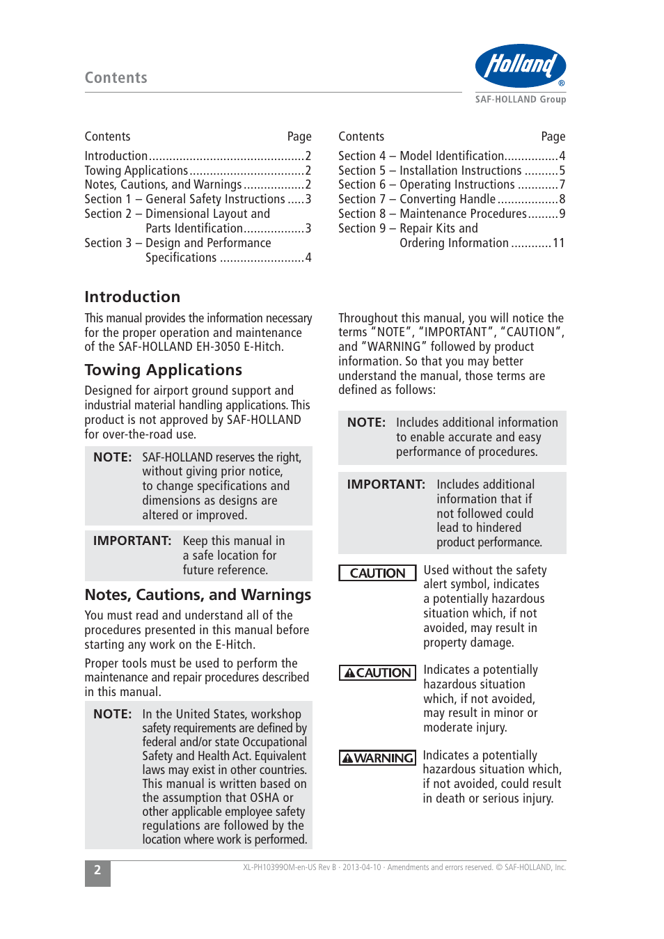 Contents introduction, Towing applications | SAF-HOLLAND XL-PH10399OM EH-3050 Series E-Hitch User Manual | Page 2 / 12