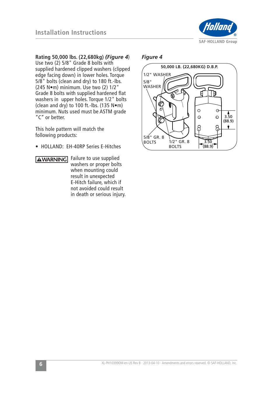 Installation instructions | SAF-HOLLAND XL-PH10399OM EH-3050 Series E-Hitch User Manual | Page 6 / 12