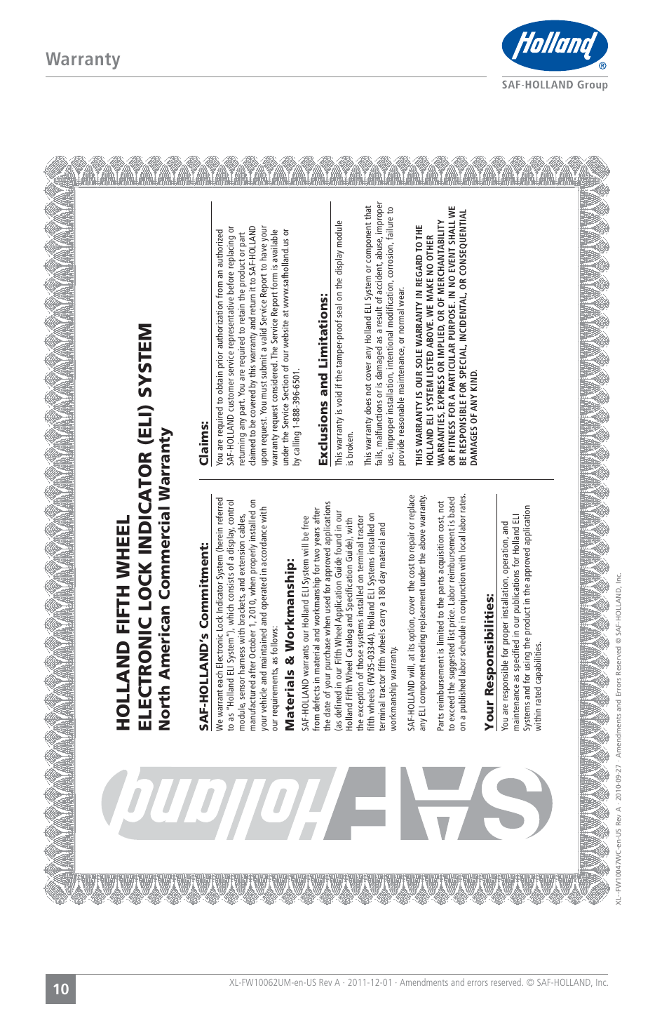 Warranty, North american commercial warranty, Saf-holland’s commitment | Materials & w orkmanship, Your responsibilities, Claims, Exclusions and limitations | SAF-HOLLAND XL-FW10062UM Electronic Lock Indicator System (ELI) for FW35 Series Fifth Wheels User Manual | Page 10 / 24