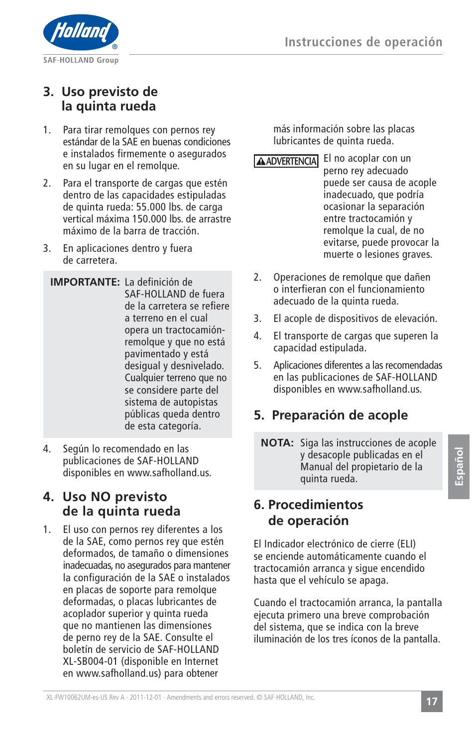 Uso no previsto de la quinta rueda, Preparación de acople, Procedimientos de operación | SAF-HOLLAND XL-FW10062UM Electronic Lock Indicator System (ELI) for FW35 Series Fifth Wheels User Manual | Page 17 / 24