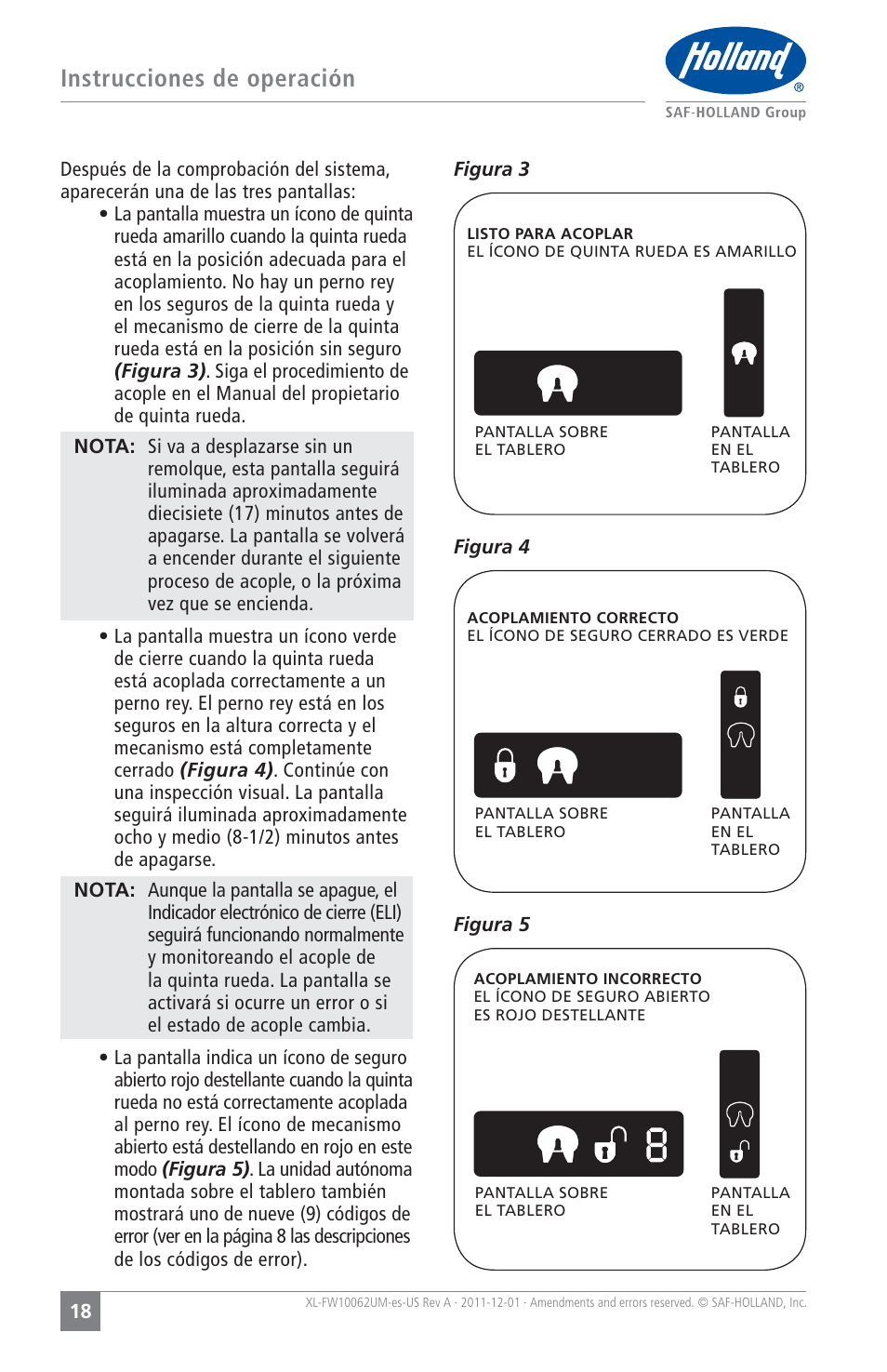Instrucciones de operación | SAF-HOLLAND XL-FW10062UM Electronic Lock Indicator System (ELI) for FW35 Series Fifth Wheels User Manual | Page 18 / 24