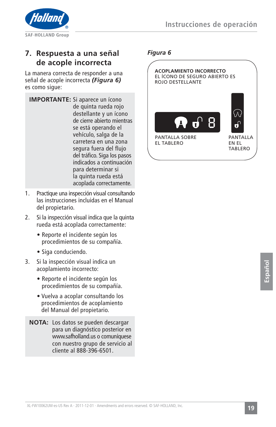 Instrucciones de operación, Respuesta a una señal de acople incorrecta | SAF-HOLLAND XL-FW10062UM Electronic Lock Indicator System (ELI) for FW35 Series Fifth Wheels User Manual | Page 19 / 24
