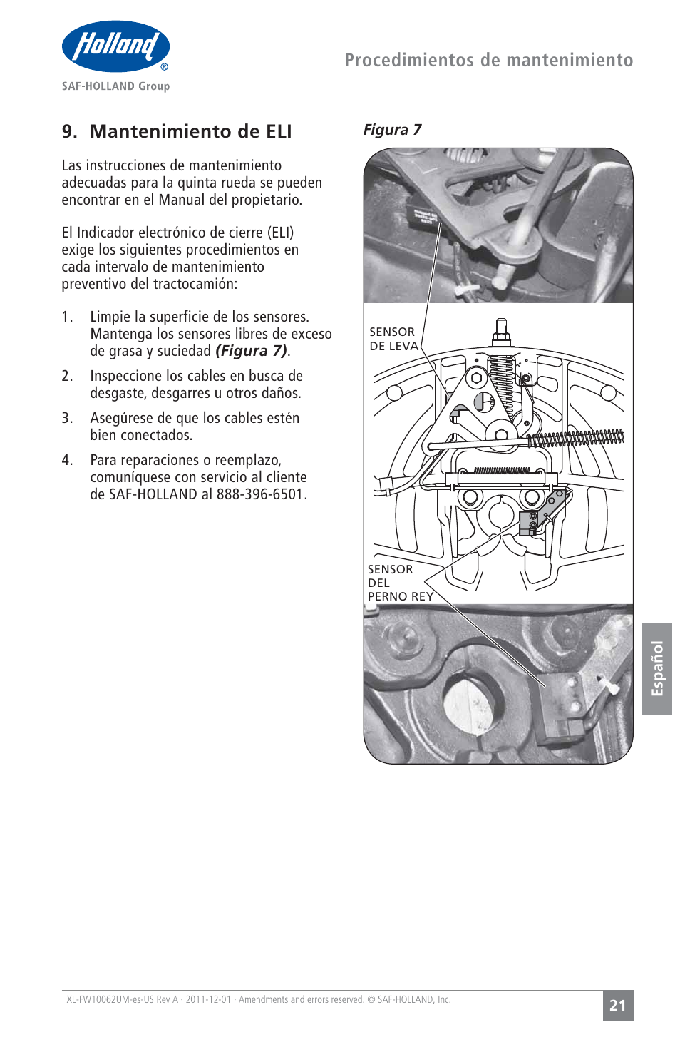 Procedimientos de mantenimiento, Mantenimiento de eli | SAF-HOLLAND XL-FW10062UM Electronic Lock Indicator System (ELI) for FW35 Series Fifth Wheels User Manual | Page 21 / 24
