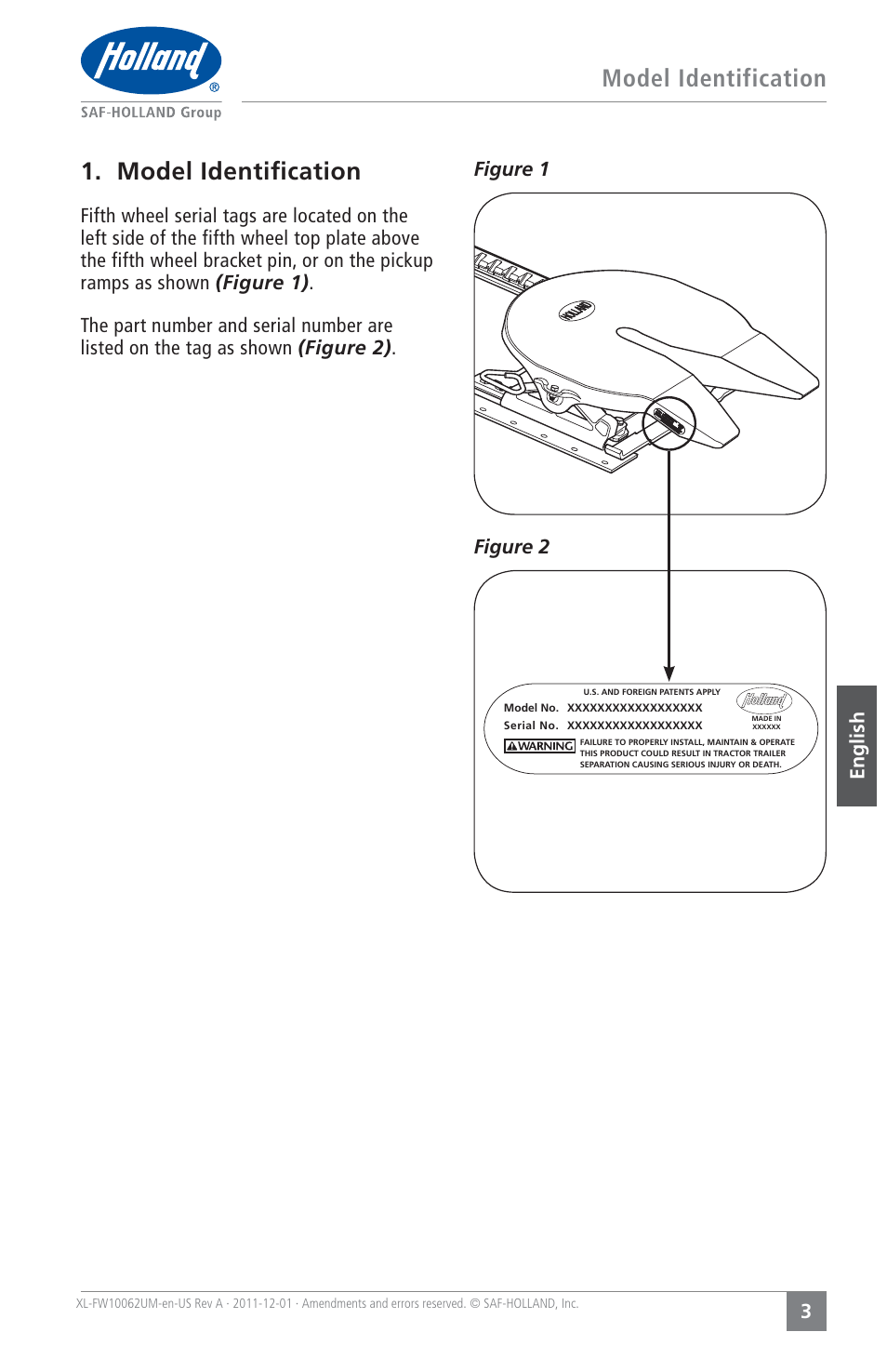 Model identification 1. model identiﬁcation, English 3, Figure 1 figure 2 | SAF-HOLLAND XL-FW10062UM Electronic Lock Indicator System (ELI) for FW35 Series Fifth Wheels User Manual | Page 3 / 24
