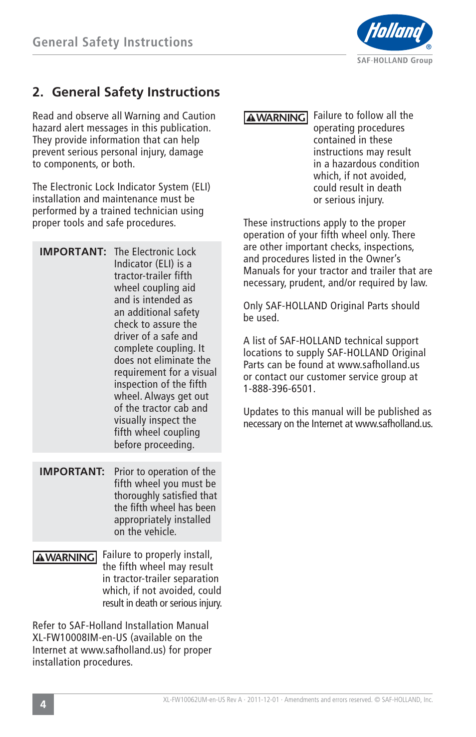 SAF-HOLLAND XL-FW10062UM Electronic Lock Indicator System (ELI) for FW35 Series Fifth Wheels User Manual | Page 4 / 24