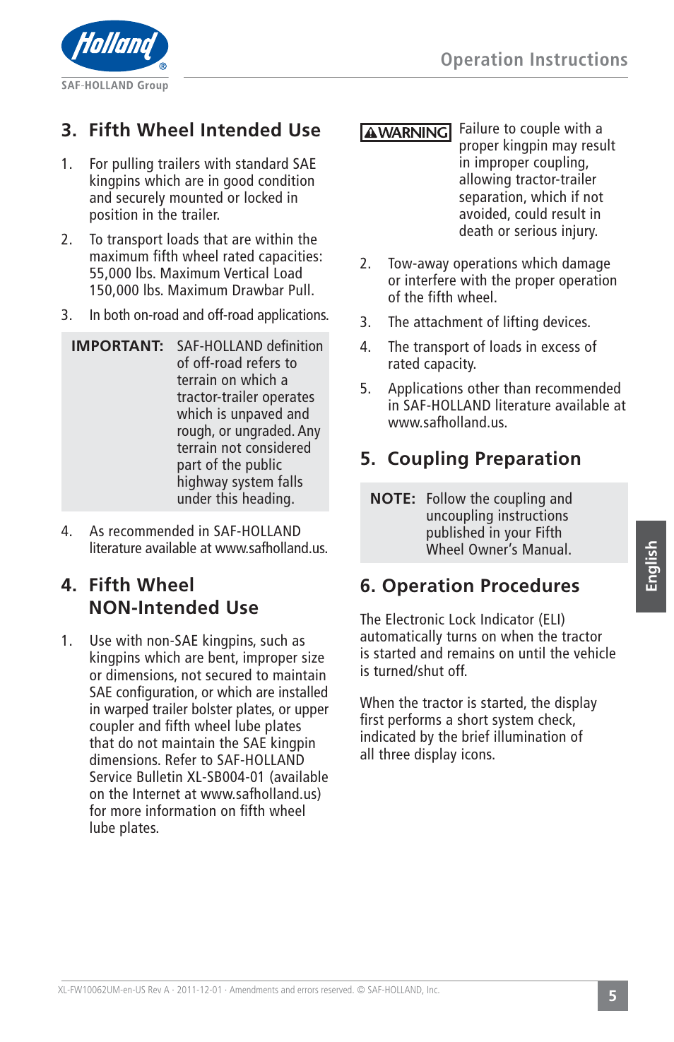 Operation instructions 3. fifth wheel intended use, Fifth wheel non-intended use, Coupling preparation | Operation procedures | SAF-HOLLAND XL-FW10062UM Electronic Lock Indicator System (ELI) for FW35 Series Fifth Wheels User Manual | Page 5 / 24