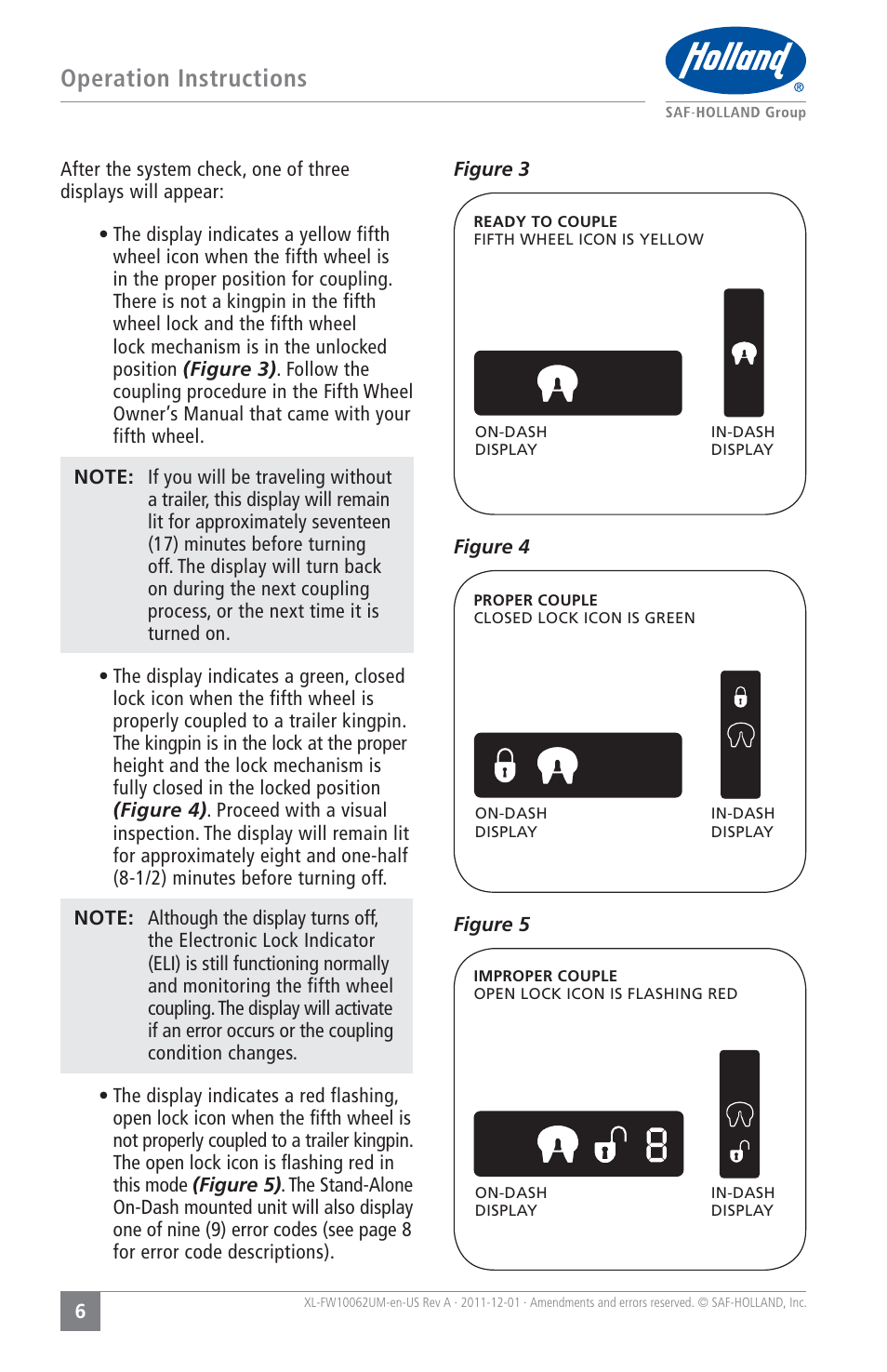 Operation instructions | SAF-HOLLAND XL-FW10062UM Electronic Lock Indicator System (ELI) for FW35 Series Fifth Wheels User Manual | Page 6 / 24