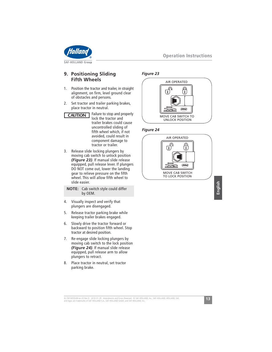 Positioning sliding fifth wheels, Operation instructions | SAF-HOLLAND XL-FW10055UM FW16 Low Lube Series Fifth Wheels User Manual | Page 13 / 56