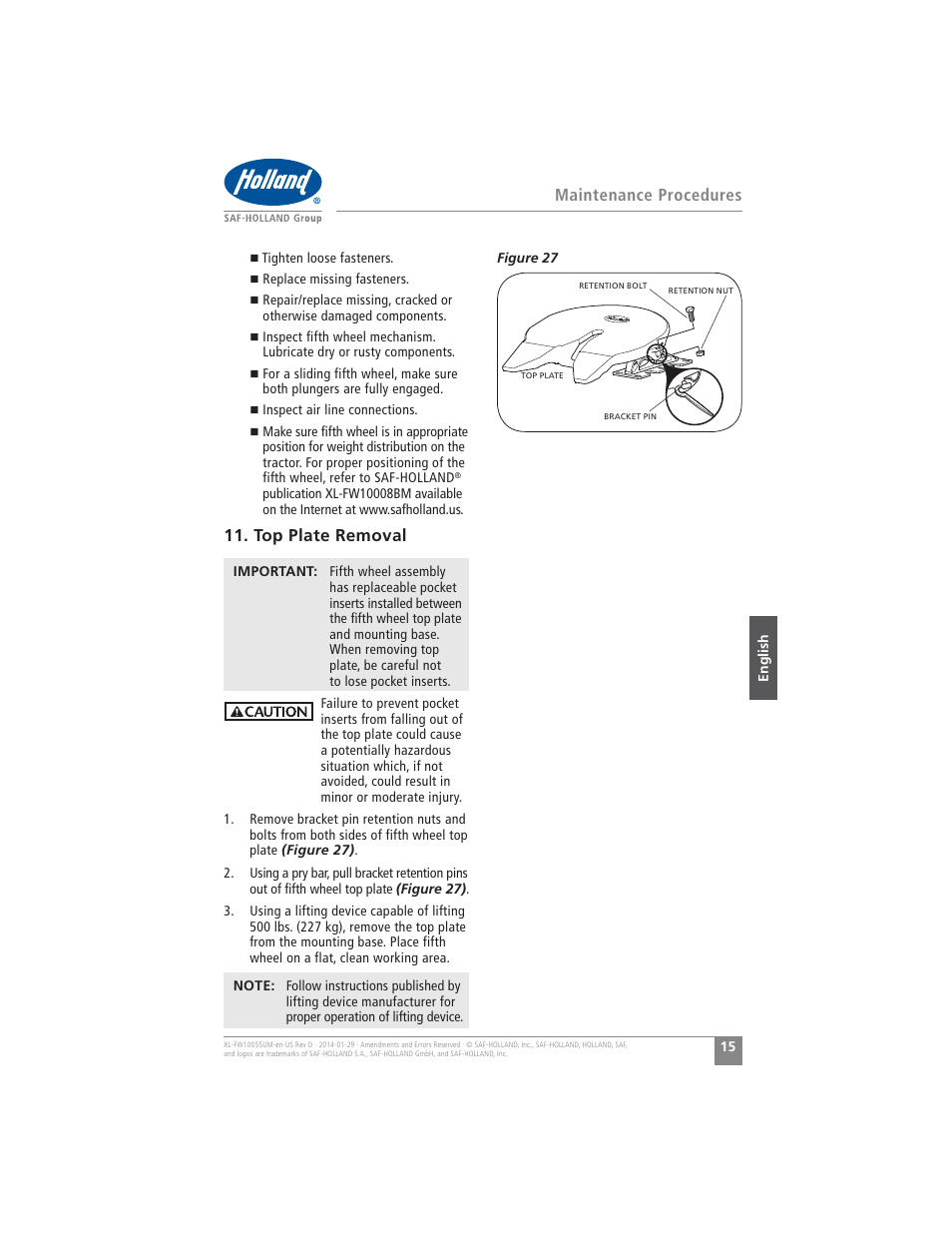 Top plate removal, Maintenance procedures | SAF-HOLLAND XL-FW10055UM FW16 Low Lube Series Fifth Wheels User Manual | Page 15 / 56