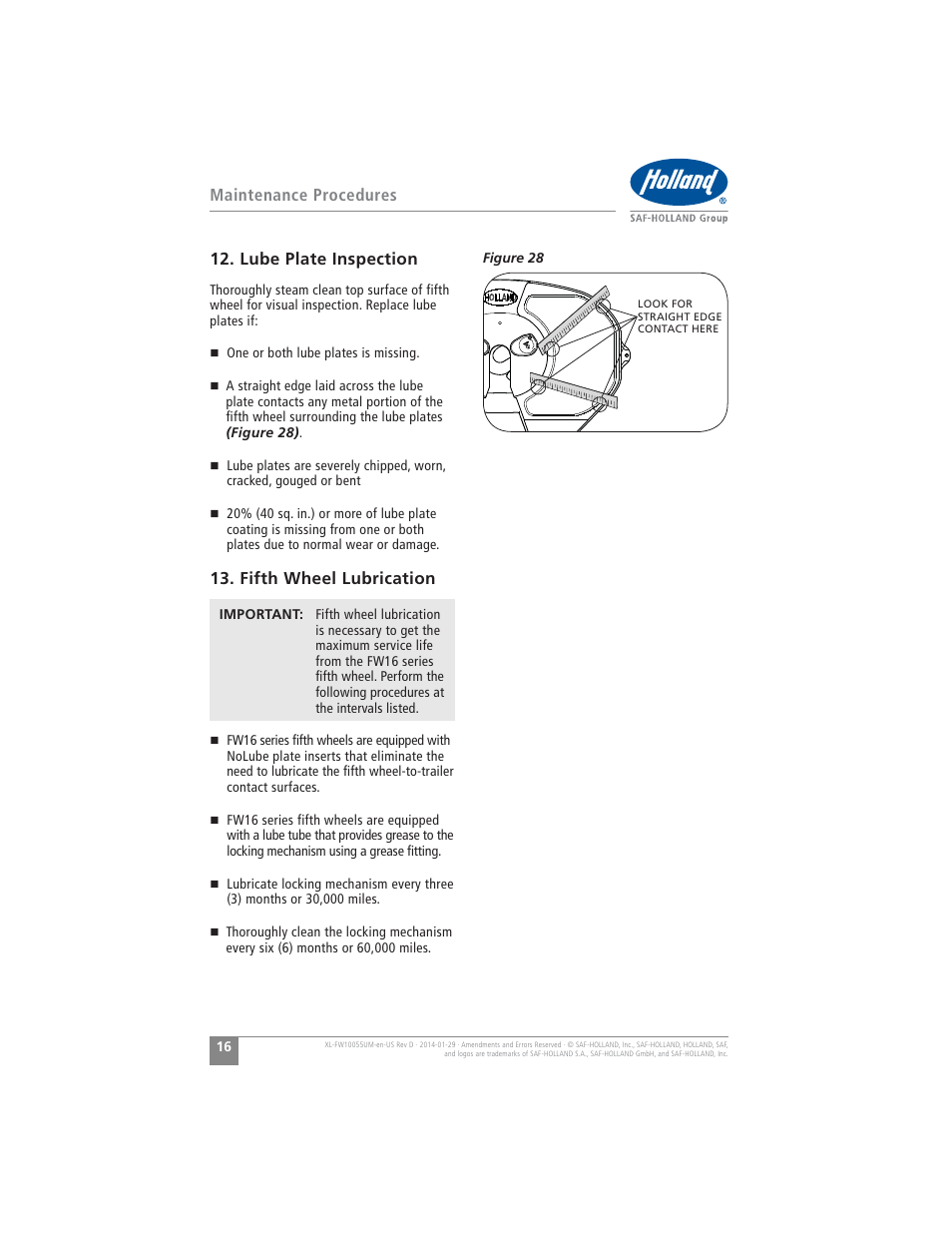 Lube plate inspection, Fifth wheel lubrication, Maintenance procedures | SAF-HOLLAND XL-FW10055UM FW16 Low Lube Series Fifth Wheels User Manual | Page 16 / 56