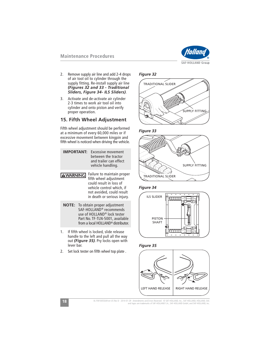 Maintenance procedures, Fifth wheel adjustment | SAF-HOLLAND XL-FW10055UM FW16 Low Lube Series Fifth Wheels User Manual | Page 18 / 56