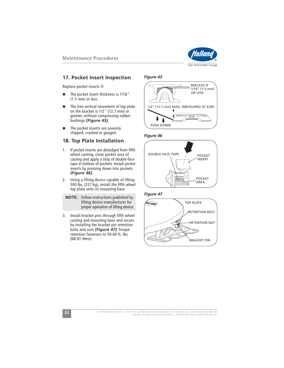 Maintenance procedures, Pocket insert inspection, Top plate installation | SAF-HOLLAND XL-FW10055UM FW16 Low Lube Series Fifth Wheels User Manual | Page 22 / 56