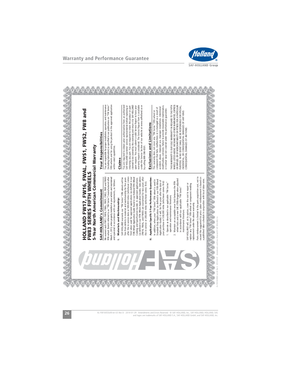 Warranty and performance guarantee, Y ear north american commer cial w arranty | SAF-HOLLAND XL-FW10055UM FW16 Low Lube Series Fifth Wheels User Manual | Page 26 / 56