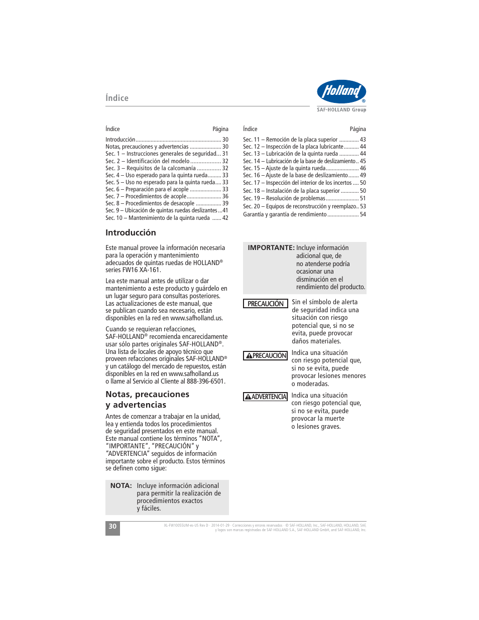 Índice, Introducción, Notas, precauciones y advertencias | SAF-HOLLAND XL-FW10055UM FW16 Low Lube Series Fifth Wheels User Manual | Page 30 / 56