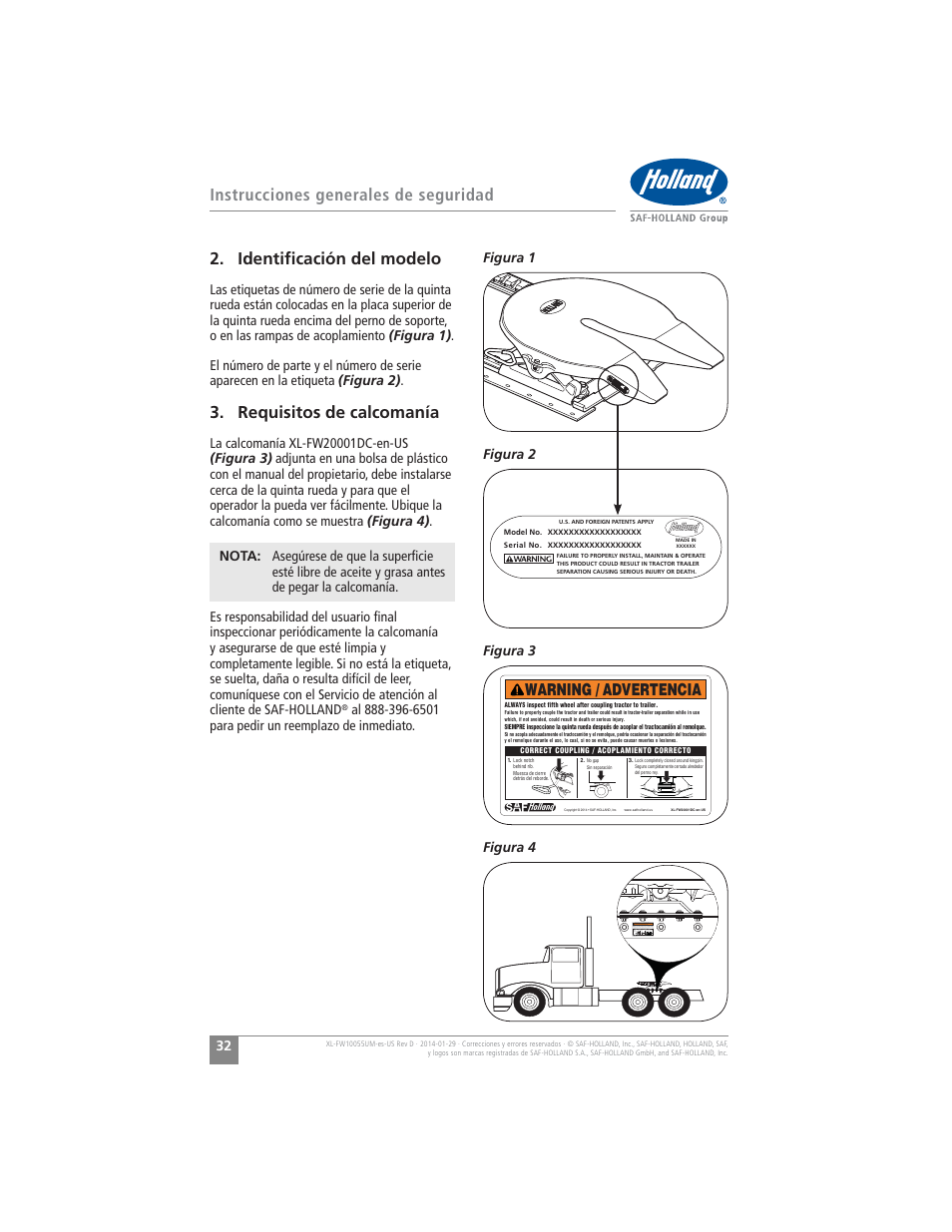 Requisitos de calcomanía, Warning / advertencia, Figura 3 | SAF-HOLLAND XL-FW10055UM FW16 Low Lube Series Fifth Wheels User Manual | Page 32 / 56