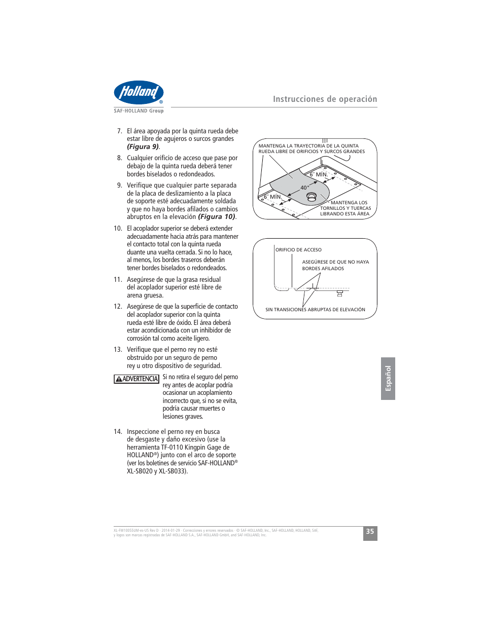 Instrucciones de operación | SAF-HOLLAND XL-FW10055UM FW16 Low Lube Series Fifth Wheels User Manual | Page 35 / 56