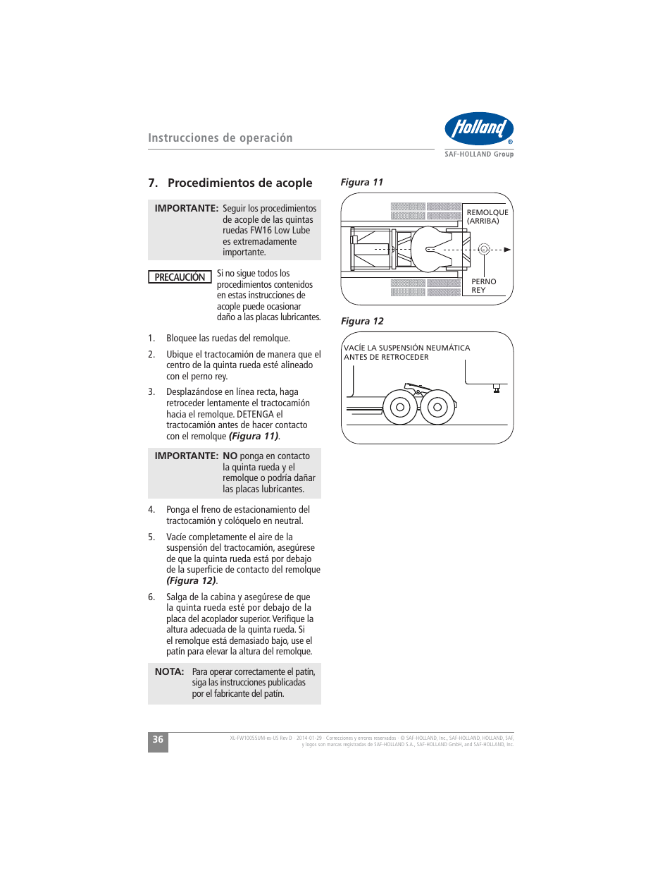 Instrucciones de operación, Procedimientos de acople | SAF-HOLLAND XL-FW10055UM FW16 Low Lube Series Fifth Wheels User Manual | Page 36 / 56