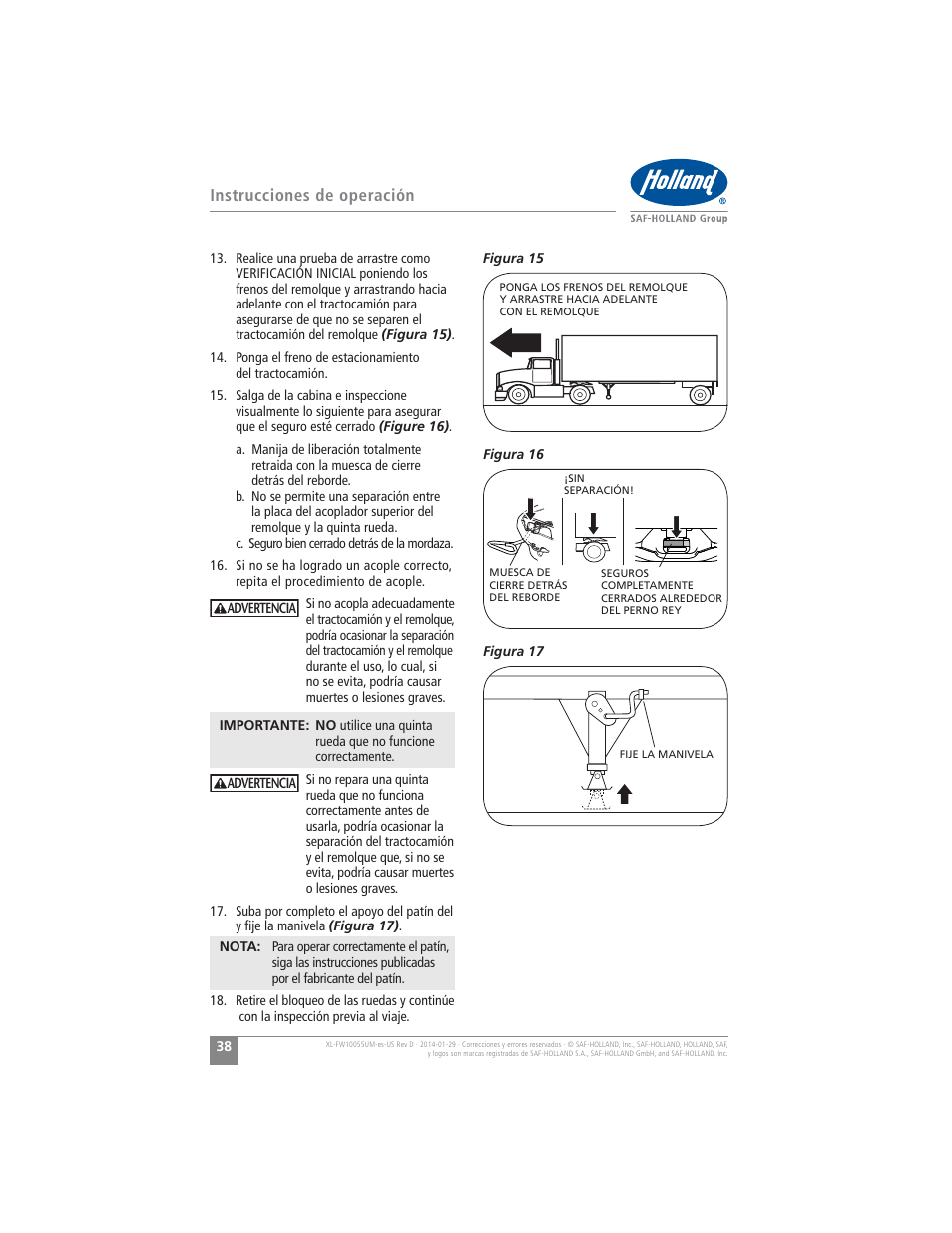 Instrucciones de operación | SAF-HOLLAND XL-FW10055UM FW16 Low Lube Series Fifth Wheels User Manual | Page 38 / 56