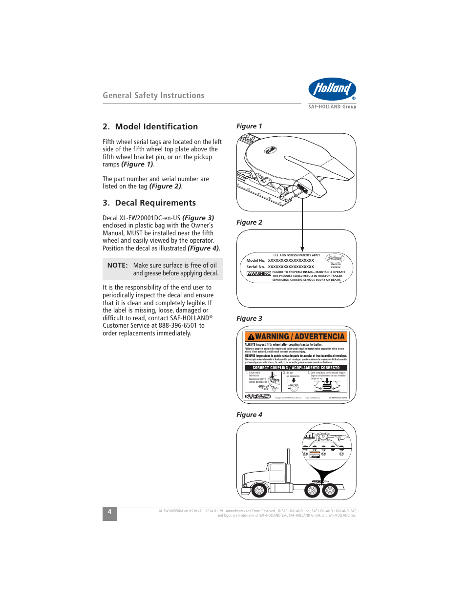 General safety instructions, Model identiﬁcation, Decal requirements | Warning / advertencia, Figure 3 figure 4 figure 2 figure 1 | SAF-HOLLAND XL-FW10055UM FW16 Low Lube Series Fifth Wheels User Manual | Page 4 / 56