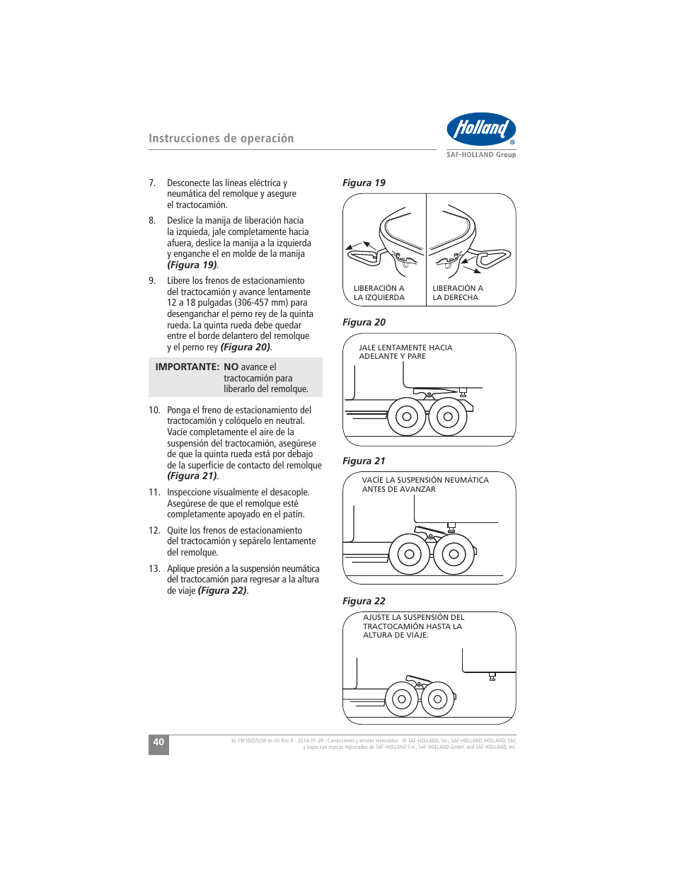 Instrucciones de operación | SAF-HOLLAND XL-FW10055UM FW16 Low Lube Series Fifth Wheels User Manual | Page 40 / 56