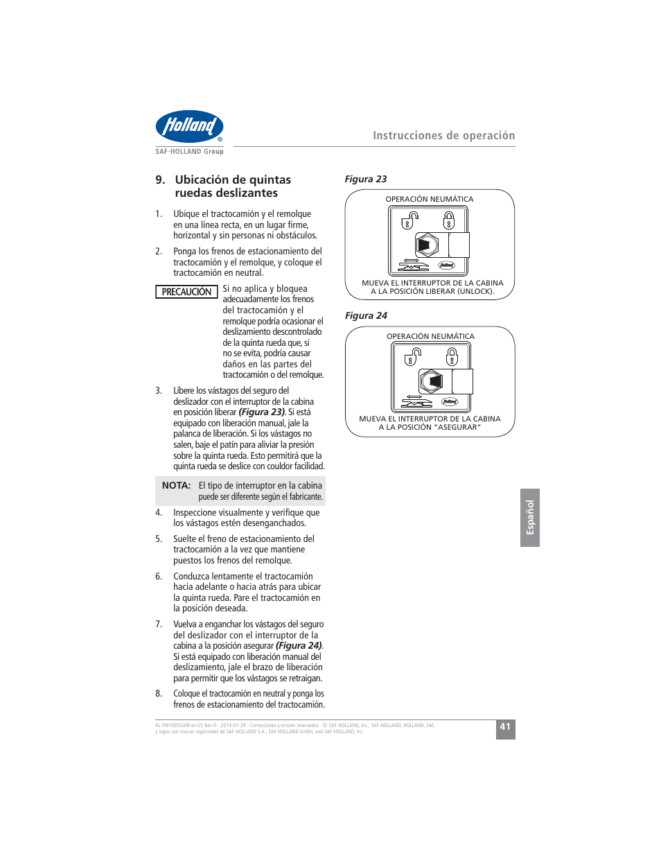 Instrucciones de operación, Ubicación de quintas ruedas deslizantes | SAF-HOLLAND XL-FW10055UM FW16 Low Lube Series Fifth Wheels User Manual | Page 41 / 56