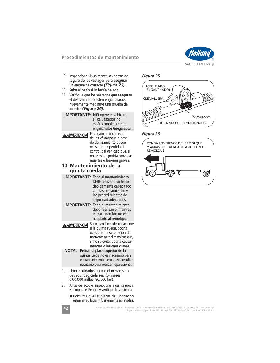 Procedimientos de mantenimiento, Mantenimiento de la quinta rueda | SAF-HOLLAND XL-FW10055UM FW16 Low Lube Series Fifth Wheels User Manual | Page 42 / 56