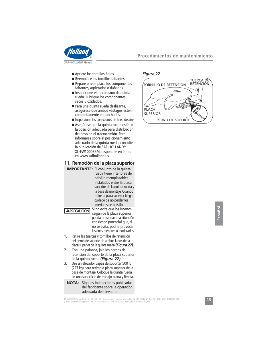 Procedimientos de mantenimiento, Remoción de la placa superior | SAF-HOLLAND XL-FW10055UM FW16 Low Lube Series Fifth Wheels User Manual | Page 43 / 56