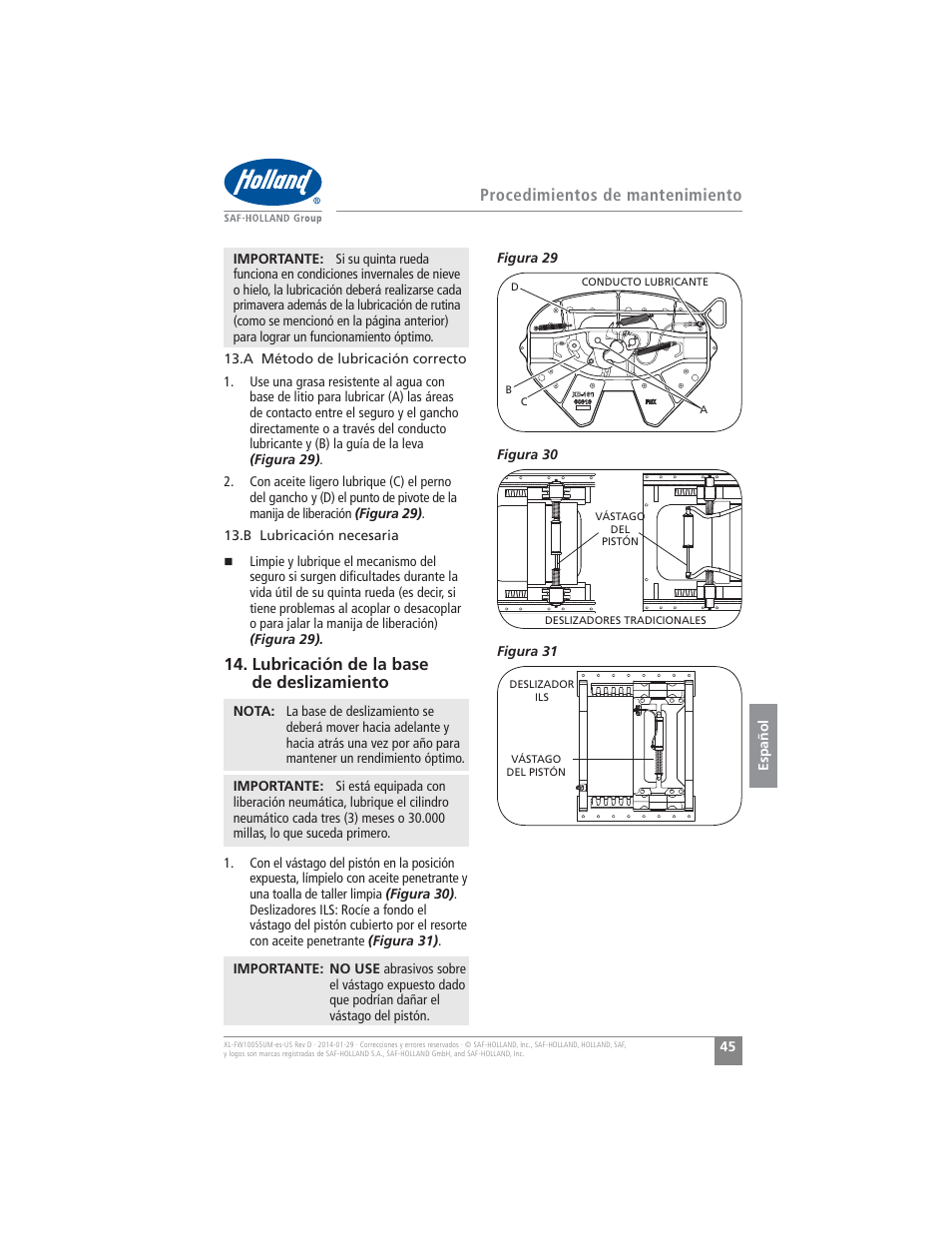 Procedimientos de mantenimiento, Lubricación de la base de deslizamiento | SAF-HOLLAND XL-FW10055UM FW16 Low Lube Series Fifth Wheels User Manual | Page 45 / 56