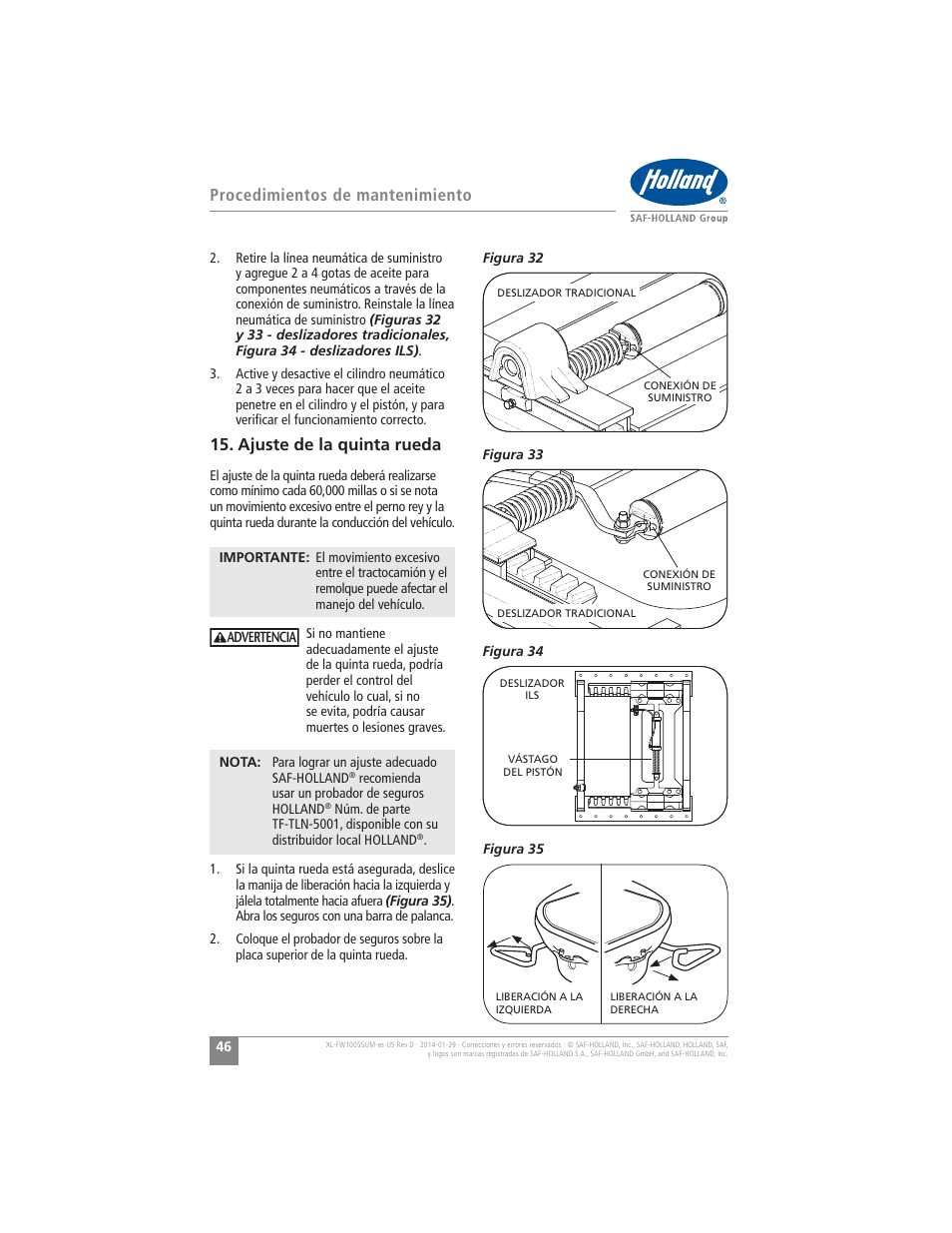 Procedimientos de mantenimiento, Ajuste de la quinta rueda | SAF-HOLLAND XL-FW10055UM FW16 Low Lube Series Fifth Wheels User Manual | Page 46 / 56