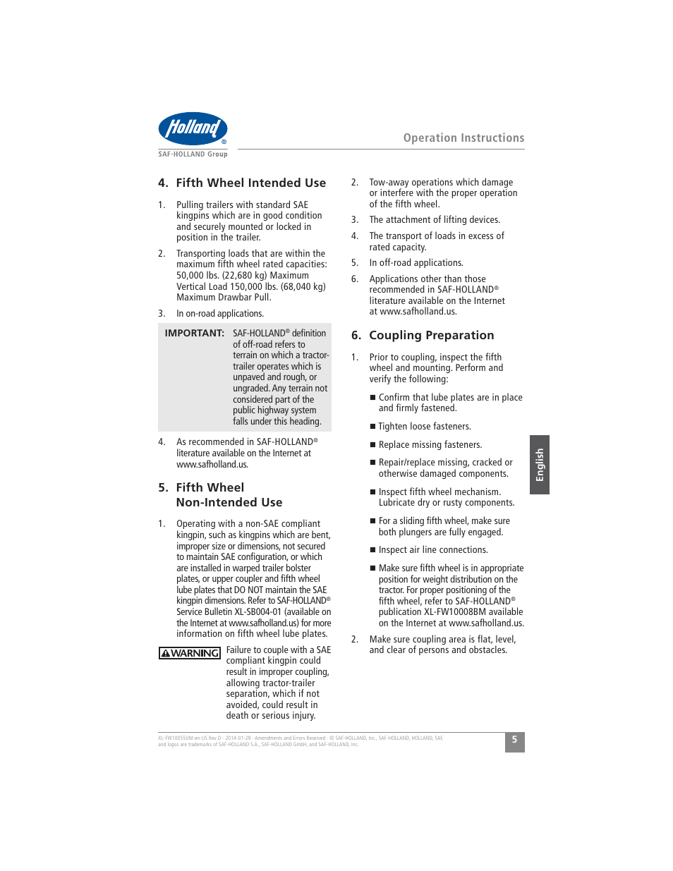 Operation instructions 4. fifth wheel intended use, Fifth wheel non-intended use, Coupling preparation | SAF-HOLLAND XL-FW10055UM FW16 Low Lube Series Fifth Wheels User Manual | Page 5 / 56