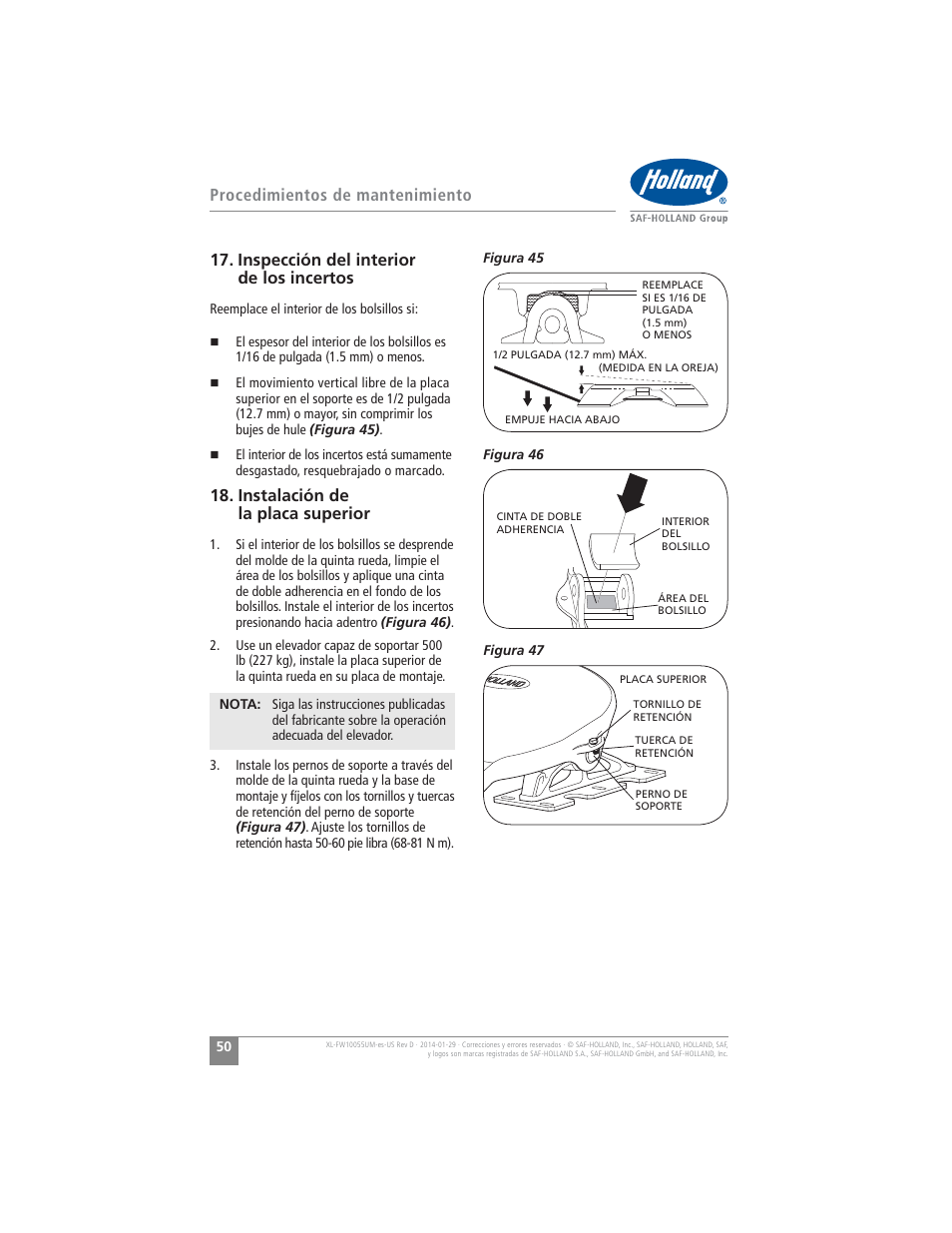 Instalación de la placa superior | SAF-HOLLAND XL-FW10055UM FW16 Low Lube Series Fifth Wheels User Manual | Page 50 / 56