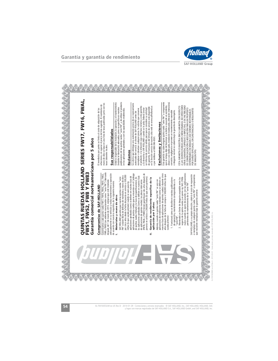 Garantía y garantía de rendimiento, Garantía comer cial norteamericana por 5 años | SAF-HOLLAND XL-FW10055UM FW16 Low Lube Series Fifth Wheels User Manual | Page 54 / 56