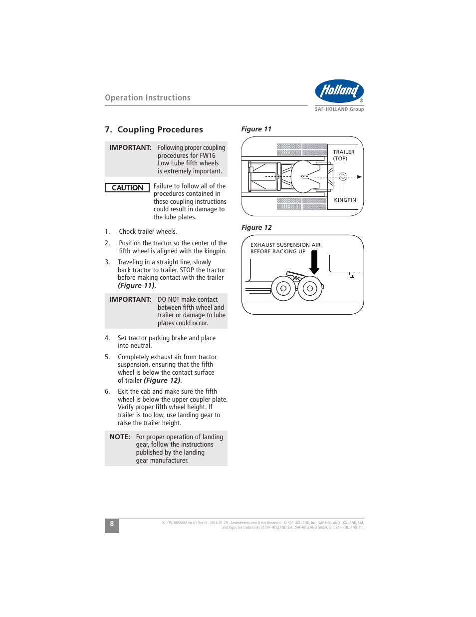 Operation instructions 7. coupling procedures | SAF-HOLLAND XL-FW10055UM FW16 Low Lube Series Fifth Wheels User Manual | Page 8 / 56