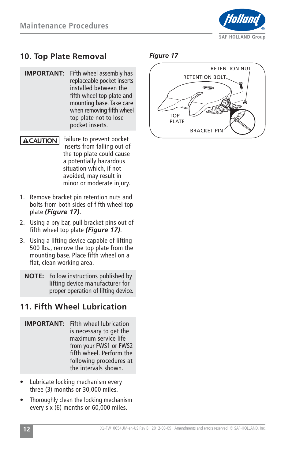 Maintenance procedures 10. top plate removal, Fifth wheel lubrication | SAF-HOLLAND XL-FW10054UM FWS1 and FWS2 Series Fifth Wheels User Manual | Page 12 / 24